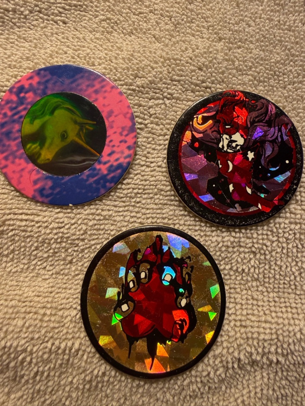 3 Holographic cardboard Collectible Pogs / Tazos - Colorful Red, Purple, Gold